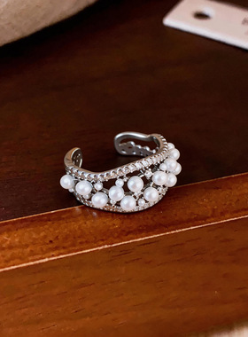 巴洛克复古锆石镂空珍珠开口戒指