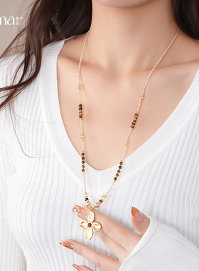 美拉德风虎眼石串珠锆石花朵项链