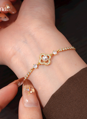 18k金电镀锆石镂空花朵珍珠手链