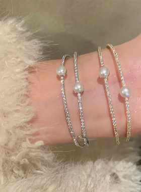 简约时尚锆石珍珠双层开口手镯