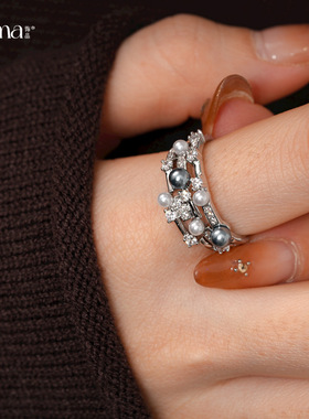 复古三层几何锆石珍珠开口戒指