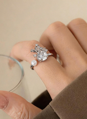 法式锆石蝴蝶圆形珍珠开口戒指