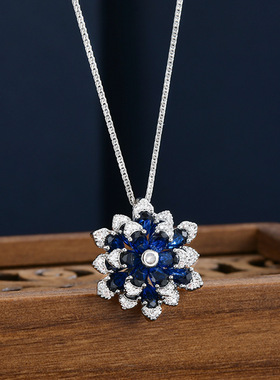 幽蓝繁花复古花朵项链镶嵌锆石