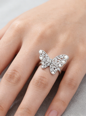 锆石珍珠灵动蝴蝶开口戒指