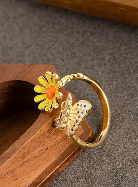 小清新珐琅滴釉蝴蝶花卉戒指