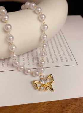 时尚温柔甜美金属蝴蝶结珍珠项链个性轻奢锁骨链感项饰