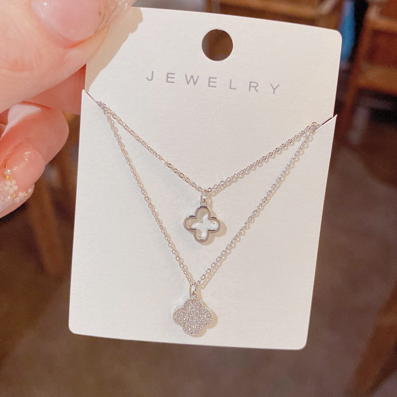 2022年新款潮气质时尚简约半双层四叶花项链女个性轻奢设计感配饰,淘宝优惠券,粉丝福利购,淘宝优惠卷