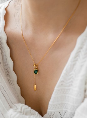 高级感绿水晶方糖抽拉吊坠项链