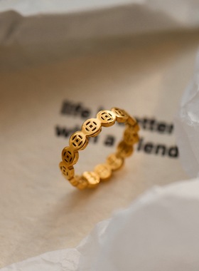 新中式复古小众招财金色钱币戒指