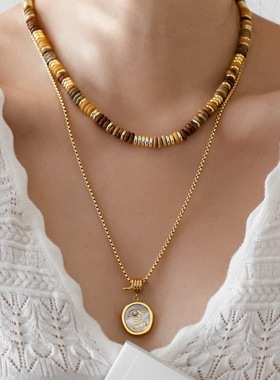 美拉德风天然虎眼石飞盘串珠项链