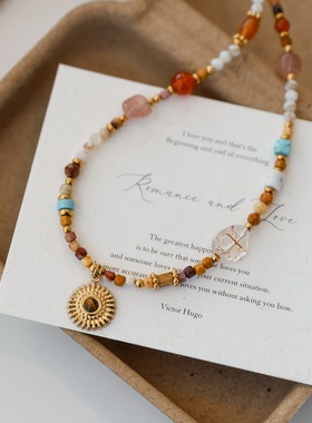 不掉色~花朵彩色天然石毛衣链