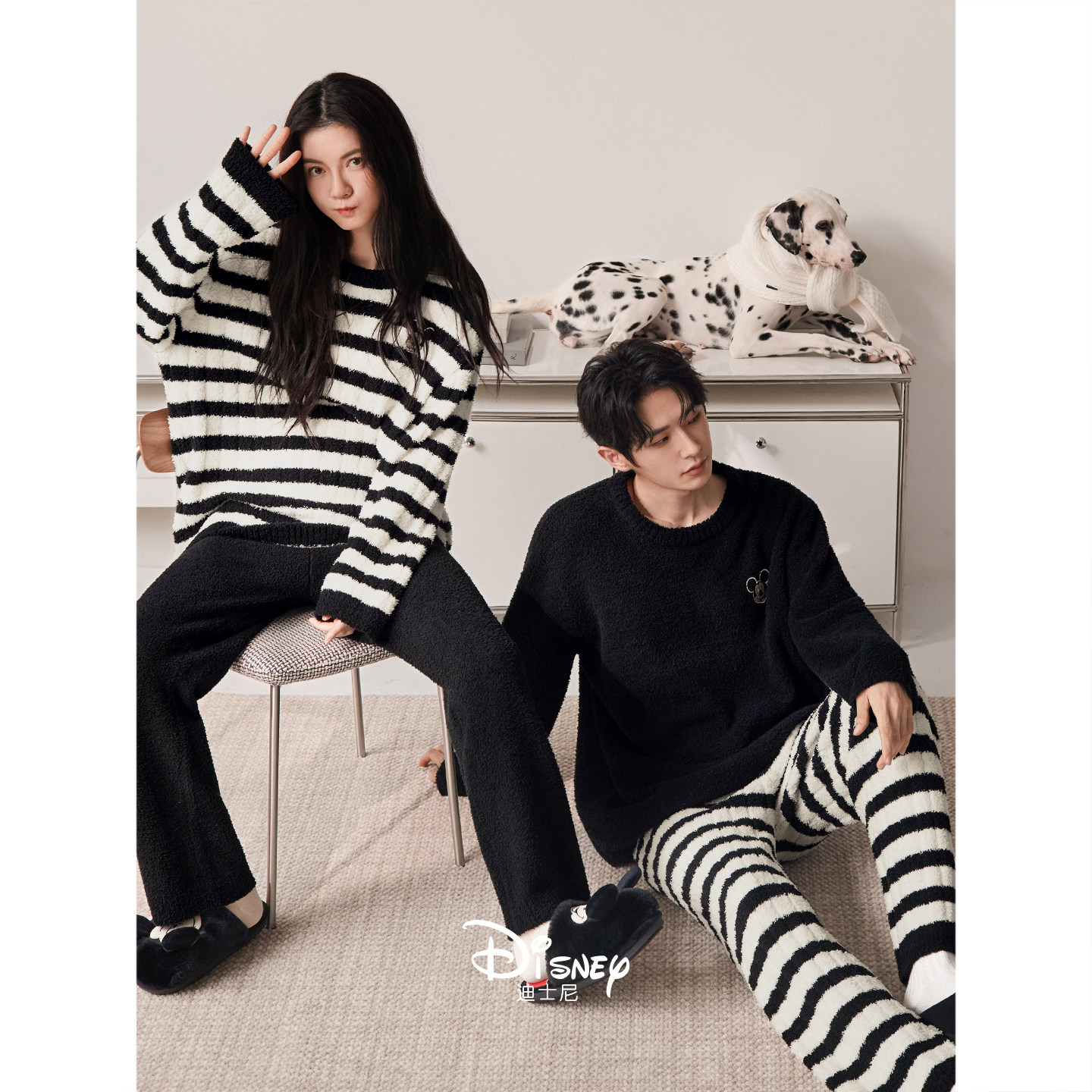 迪士尼情侣睡衣女秋冬季保暖半边绒条纹套装舒适慵懒男外穿家居服,淘宝优惠券,粉丝福利购,淘宝优惠卷