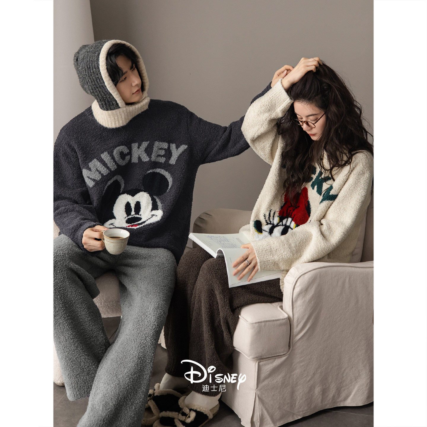 迪士尼情侣睡衣女秋冬季保暖半边绒长袖套装卡通米奇男外穿家居服,淘宝优惠券,粉丝福利购,淘宝优惠卷