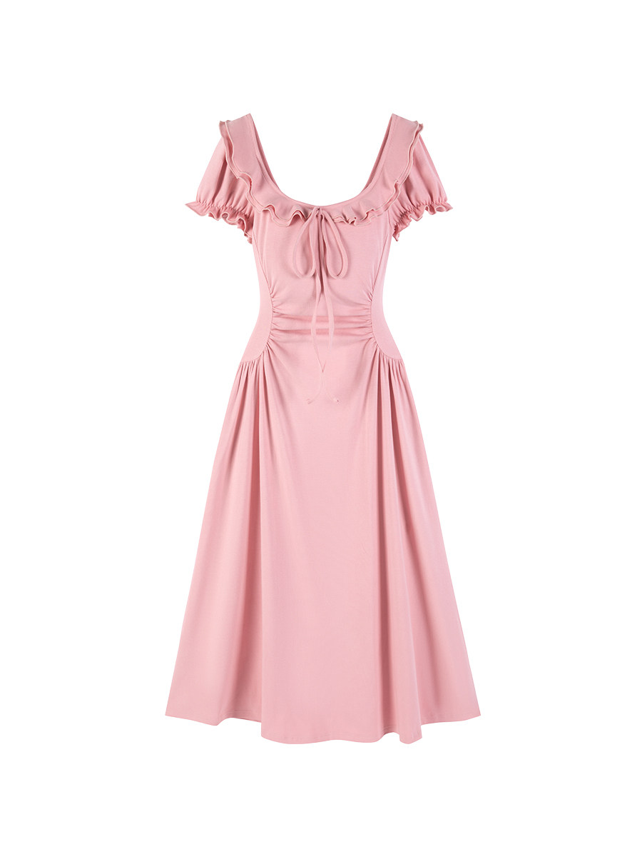 六指导 甜玫日记 洋气收腰荷叶边a字裙显瘦一字肩遮肉连衣裙长款