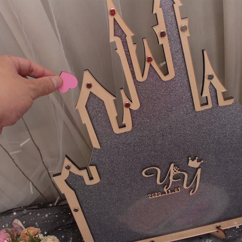 Gray Sand Gold Castle Creative Sign In Board Customized Wedding Signature Photo Frame Christmas Gift Wooden Chip Blessing Wishes
