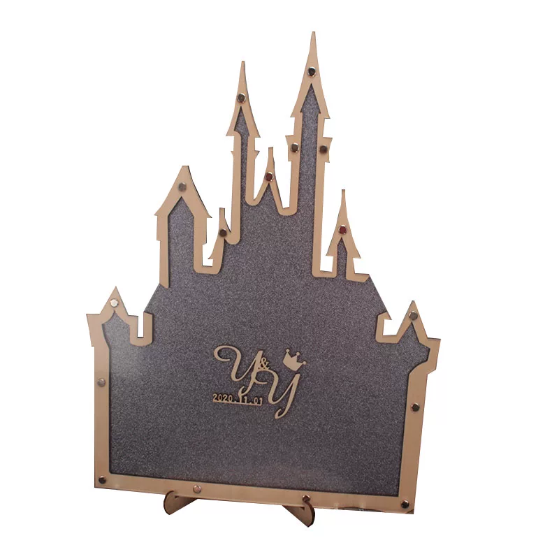 Gray Sand Gold Castle Creative Sign In Board Customized Wedding Signature Photo Frame Christmas Gift Wooden Chip Blessing Wishes