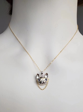 天然坦桑石眼睛 酷炫帅气斗牛犬 S925纯银双色电镀项链