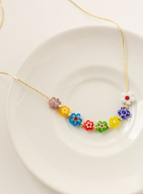 彩色琉璃花朵串珠项链ins甜酷风