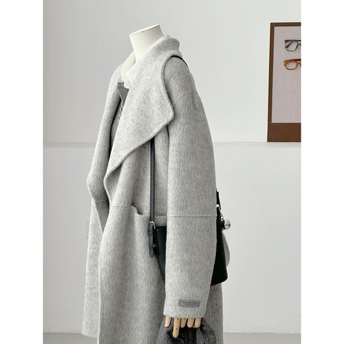 秋冬杂花灰色大翻领羊毛毛呢大衣女中长款高级感千金风外套HL91-1 - 图2