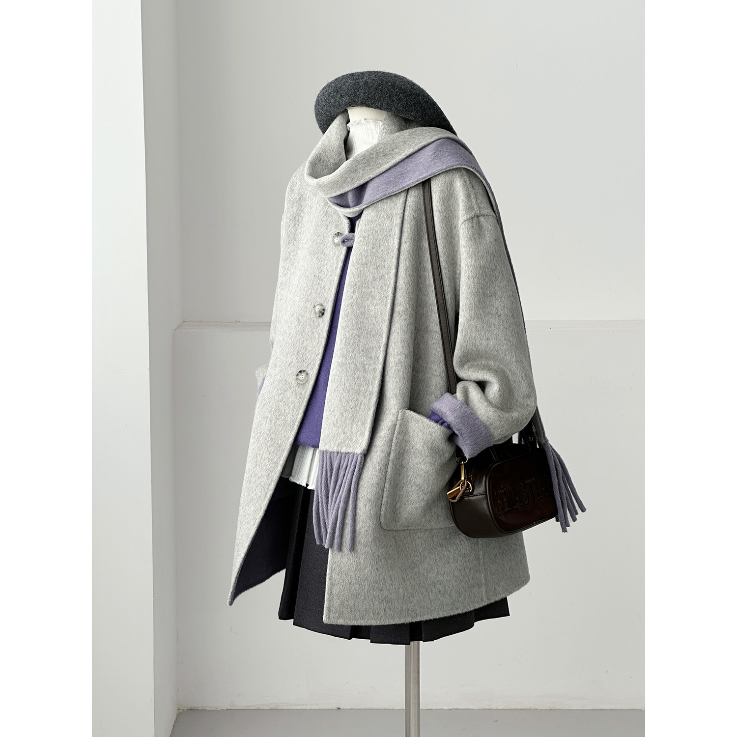 韩系学院风紫色流苏围巾毛呢外套女中长款减龄百搭羊毛大衣HL155 - 图1