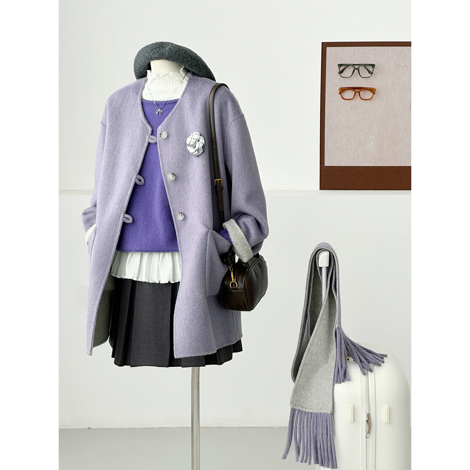 韩系学院风紫色流苏围巾毛呢外套女中长款减龄百搭羊毛大衣HL155 - 图2