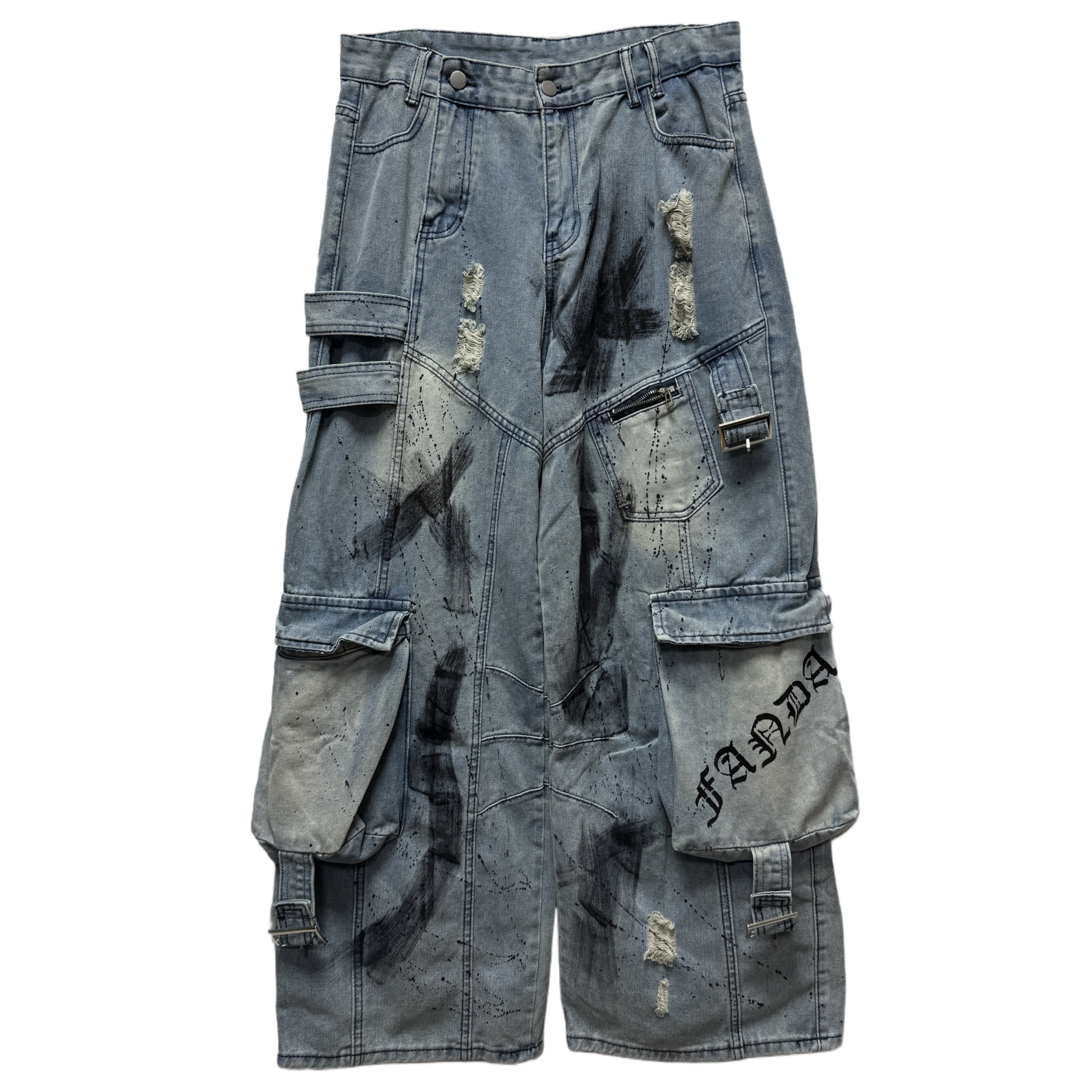 Miub美式街头多口袋涂鸦牛仔裤男女废土风泼墨街头破洞阔腿工装裤,淘宝优惠券,粉丝福利购,淘宝优惠卷