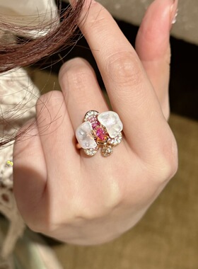 S925纯银精致渐变粉钻天然白贝母蝴蝶兰项链花卉食指戒耳钉套装