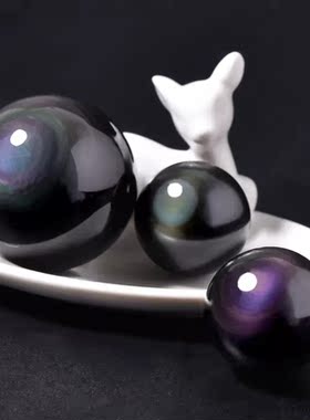 天然黑曜石水晶球摆件彩虹眼