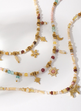 度假风暖棕天然石叠戴项链 小众不撞款温柔气质女生送礼物锁骨链