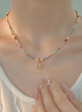 《敦煌一梦》蓝色复古天然石串珠项链女新中式淡水珍珠锁骨链配饰