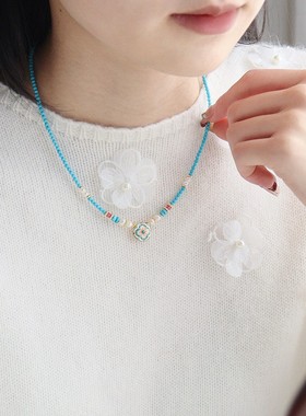 复古精致滴油微镶锆石松石施家珍珠串珠项链轻奢小众高级感锁骨链