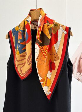 真丝丝巾女春夏季桑蚕丝双绉红色气质印花百搭中方巾外搭围巾披肩