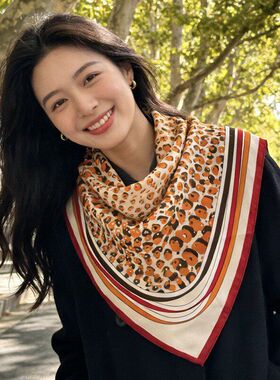 欧美豹纹印花小方巾65cm缎面丝巾休闲头巾发带