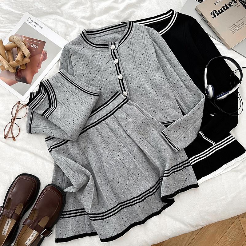 小香风圆领无袖背心上衣+长袖针织衫开衫+高腰显瘦半身裙百褶裙女,淘宝优惠券,粉丝福利购,淘宝优惠卷