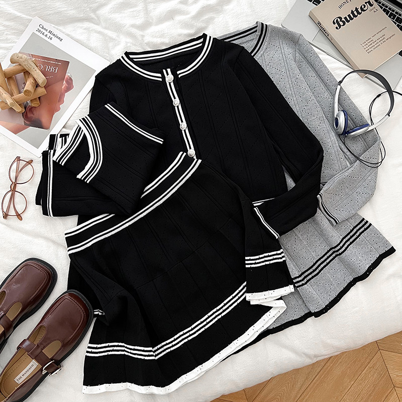 小香风圆领无袖背心上衣+长袖针织衫开衫+高腰显瘦半身裙百褶裙女,淘宝优惠券,粉丝福利购,淘宝优惠卷