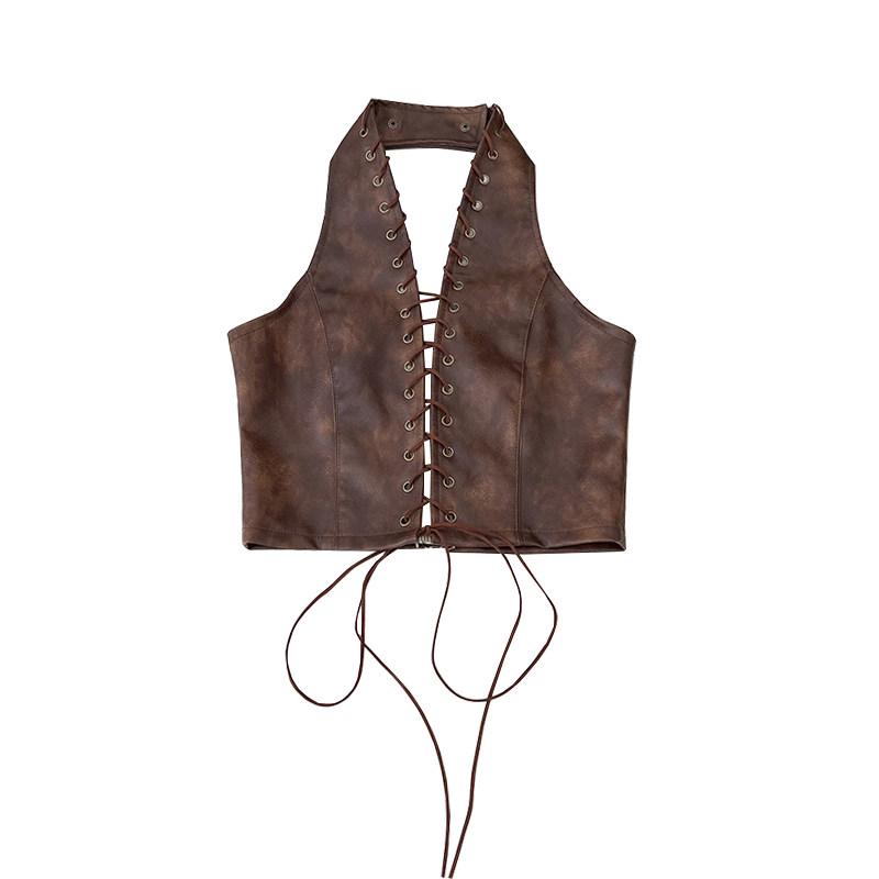 美式复古辣妹时尚百搭PU皮挂脖交叉系带露背吊带背心内搭上衣女,淘宝优惠券,粉丝福利购,淘宝优惠卷