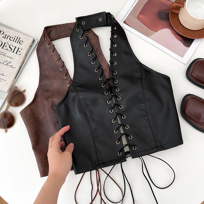 美式复古辣妹时尚百搭PU皮挂脖交叉系带露背吊带背心内搭上衣女,淘宝优惠券,粉丝福利购,淘宝优惠卷