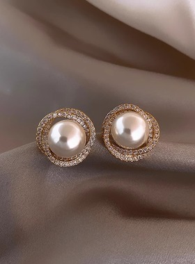 Rusizi螺旋珍珠耳钉双c法式海水珍珠18k金2024新款轻奢高级感耳环