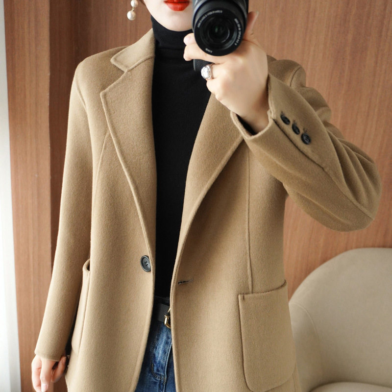 女士毛呢外套2024年新款短款西装外套双面羊毛大衣女咖色短款宽松,淘宝优惠券,粉丝福利购,淘宝优惠卷
