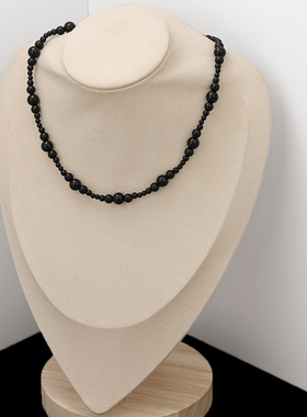 镀白K金黑色琉璃串珠嘻哈项链
