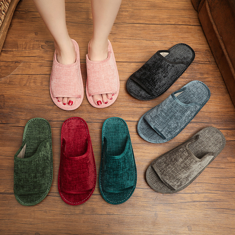 春秋季雪尼尔布艺凉拖鞋男女情侣居家用室内木地板防滑牛筋底夏季 - 图2