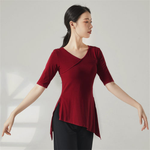 酒红色莫代尔中国舞中国风身韵服古典舞舞蹈服装练功服套装上衣女 - 图1