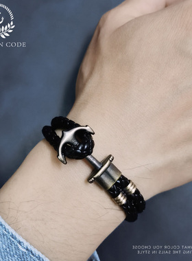 潮男士个性皮绳手环女船锚时尚
