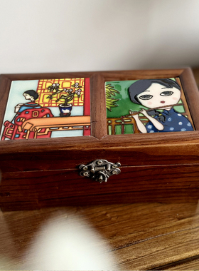 四方纳福分格首饰盒手绘瓷板画盒