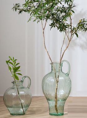 吊钟马醉木玻璃透明大肚花瓶单耳大肚瓶客厅家居样板房摆件插花器