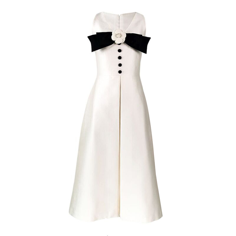 高级感无袖连衣裙设计师新款气质黑白v领法式收腰显瘦女神范长裙 - 图3