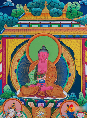 尼泊尔手绘唐卡 现代实木装饰挂画矿物颜料鸡翅木壁画 阿弥陀铜像