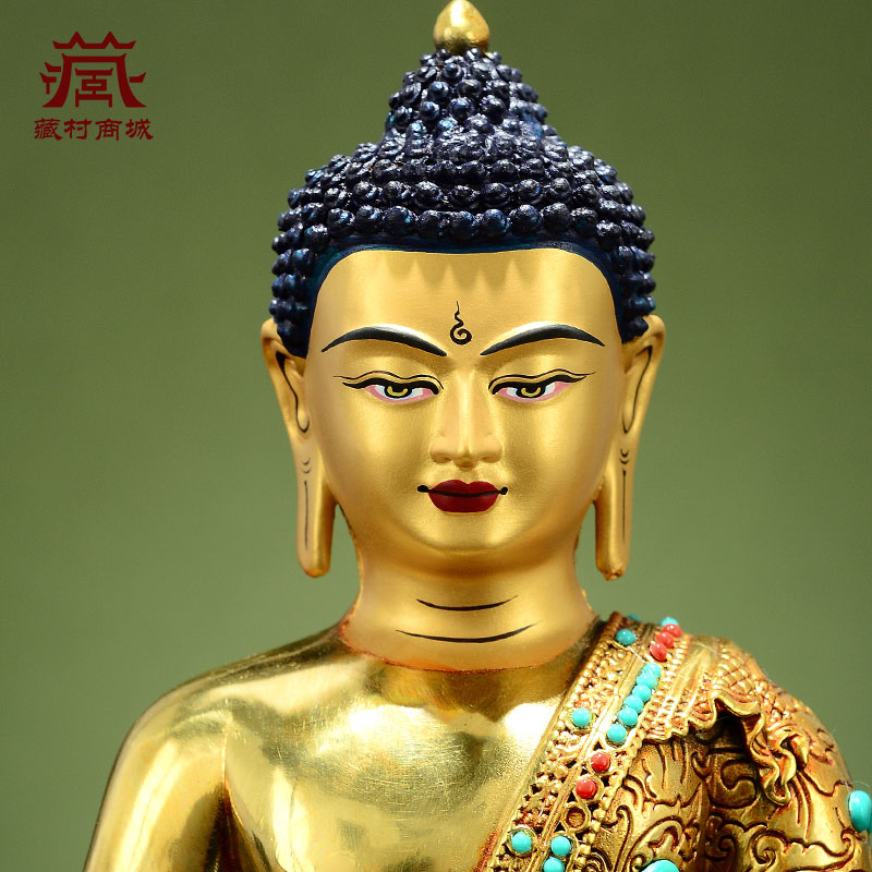 藏村彩珠镶嵌《阿弥陀佛》室内家用全鎏金《阿弥托佛》铜佛像摆件 - 图1