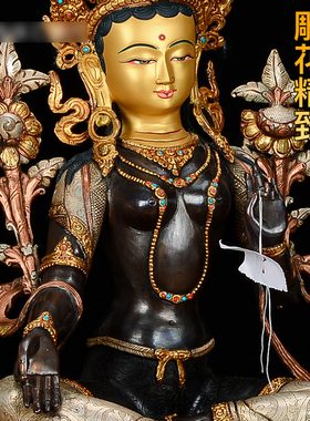 尼泊尔手工绿度母鎏金摆件