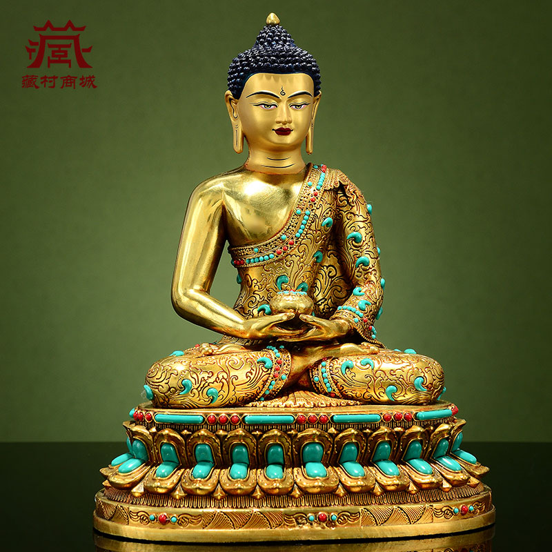 藏村彩珠镶嵌《阿弥陀佛》室内家用全鎏金《阿弥托佛》铜佛像摆件 - 图0